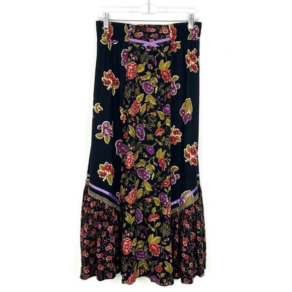 Vintage 80s 90s Maxi Skirt Floral Ruffle Elastic Waist Prairie Cottage Chic - Picture 4 of 9